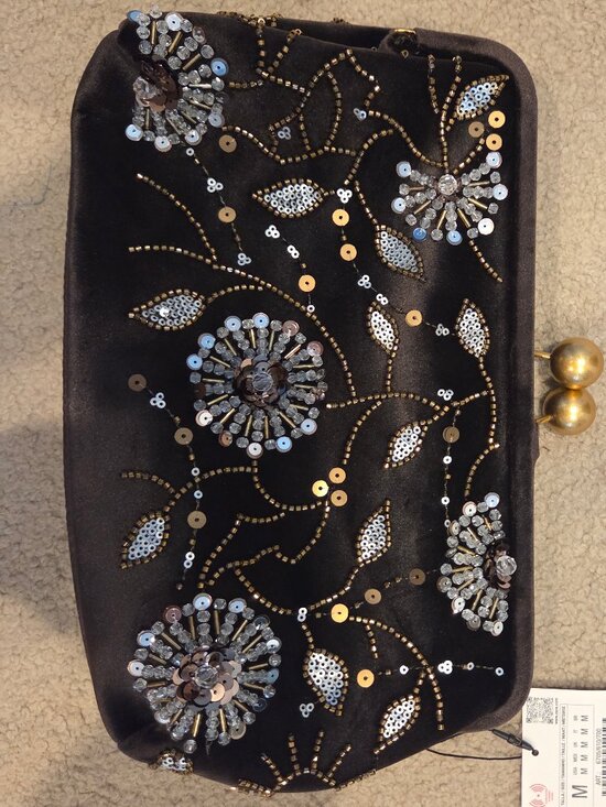 Zara Handbags - Zara NWT Beaded Embellished Gold Green Velvet Clutch Purse